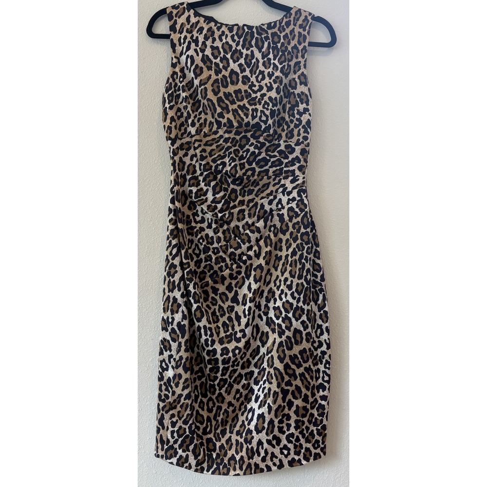 Vintage Cache Leopard Print Sheath Dress Sleeveless Pleated  Waist Size 10 Midi